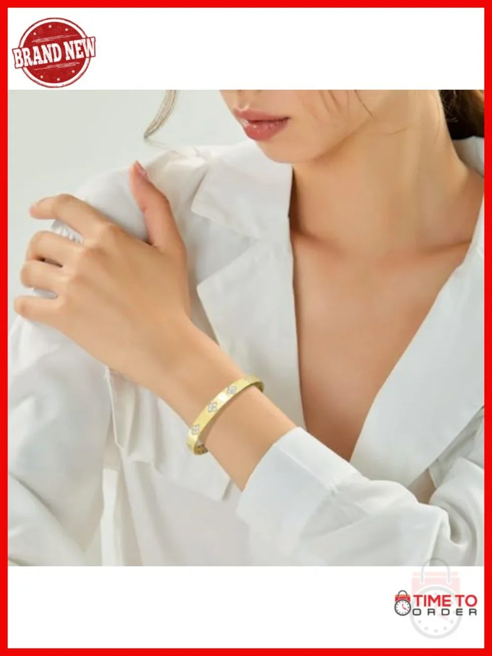 14K Gold Plated Moissanite Clover Bangle Bracelet, D Color VVS1